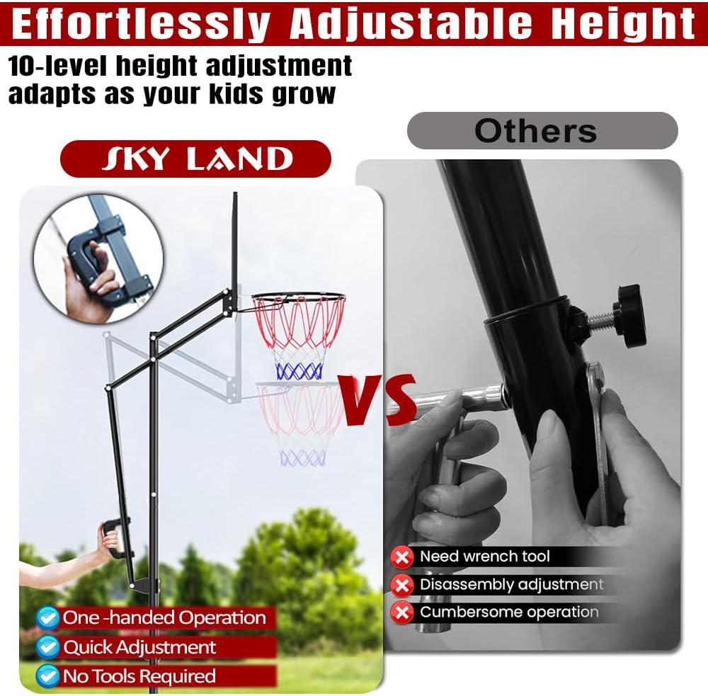 SKY LAND Basketball Hoop Stand - Adjustable Basketball Goal System 08-10 FT, 44" Shatterproof Backboard, Indoor/Outdoor Portable Basketball Stand with Wheels for Adults & Teens | EM-1878 - Image 3