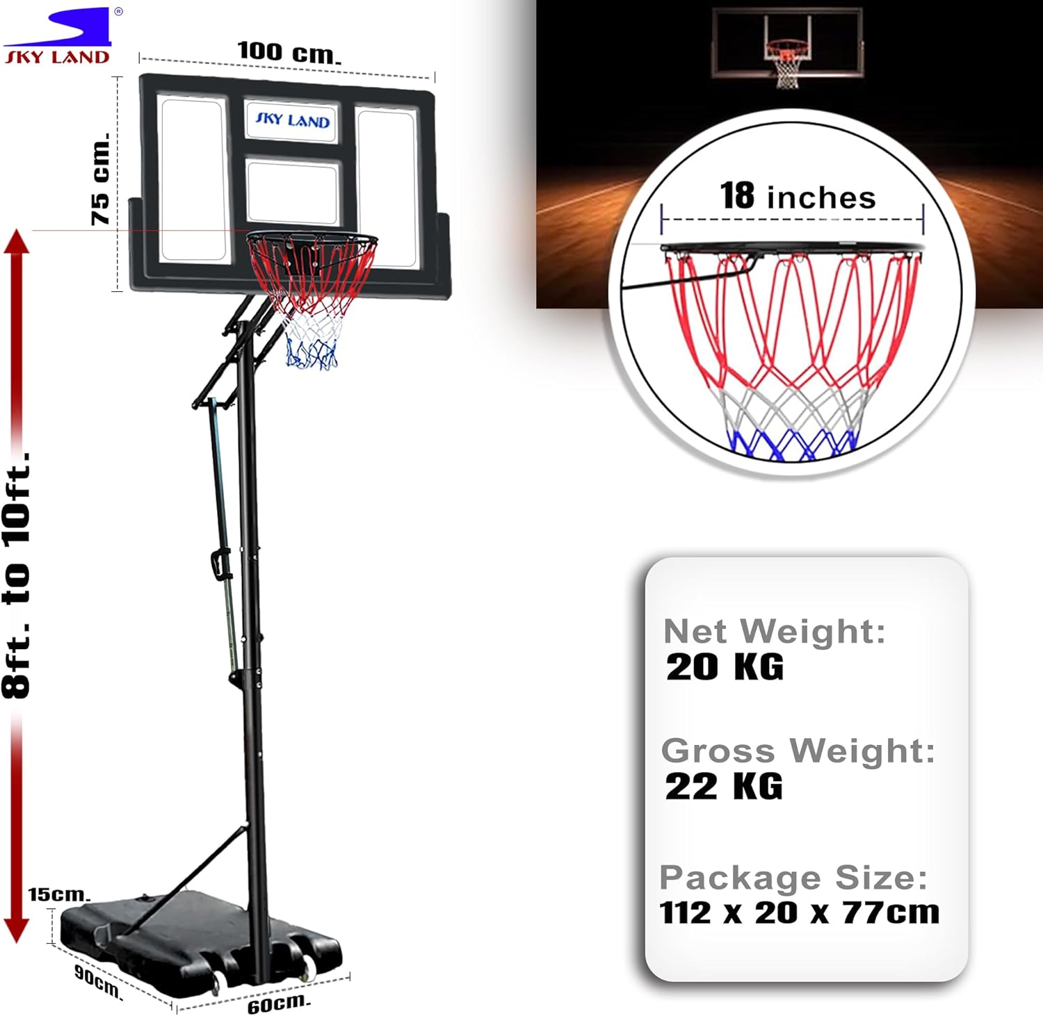 SKY LAND Basketball Hoop Stand - Adjustable Basketball Goal System 08-10 FT, 44" Shatterproof Backboard, Indoor/Outdoor Portable Basketball Stand with Wheels for Adults & Teens | EM-1878 - Image 4