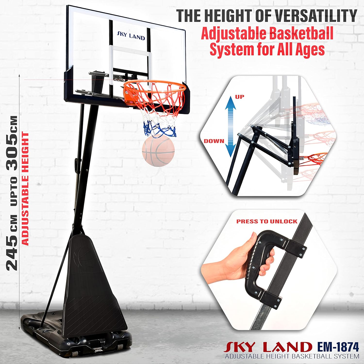 SKY LAND Basketball Hoop, Basketball Goal on Wheels Pro Size, Adjustable Height 8-10 FT, 50" Shatterproof Acrylic Backboard For Adults & Teens, Outdoor/Indoor Basketball Hoop Stand EM-1874 - Image 2