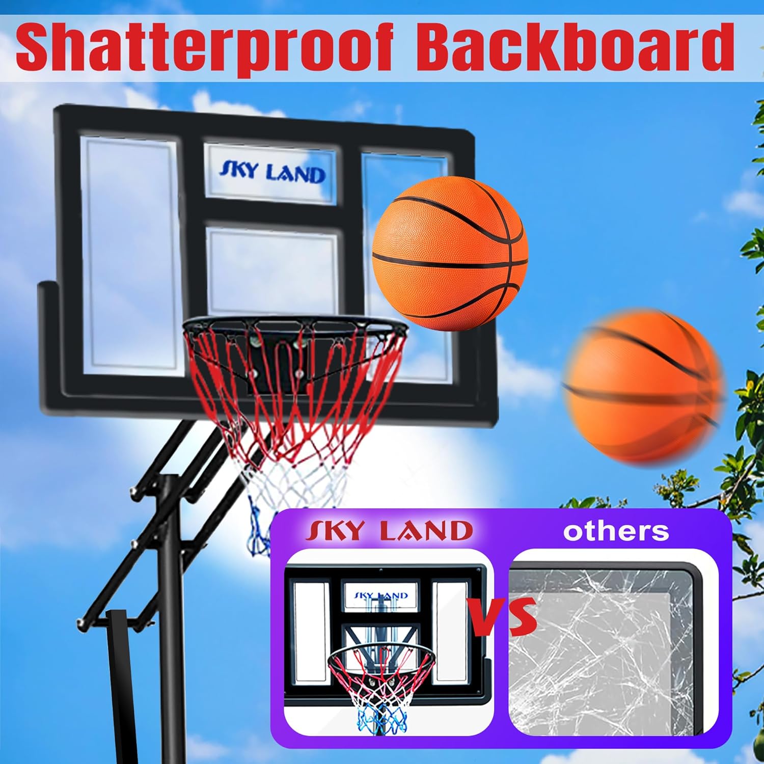 SKY LAND Basketball Hoop Stand - Adjustable Basketball Goal System 08-10 FT, 44" Shatterproof Backboard, Indoor/Outdoor Portable Basketball Stand with Wheels for Adults & Teens | EM-1878 - Image 2