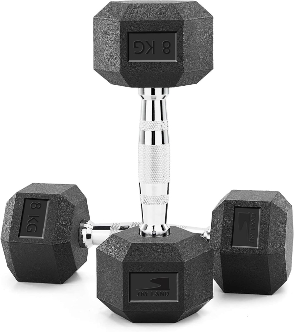 SKY LAND Hex Dumbbells 8kg Pair - Rubber Coated Cast Iron Weights