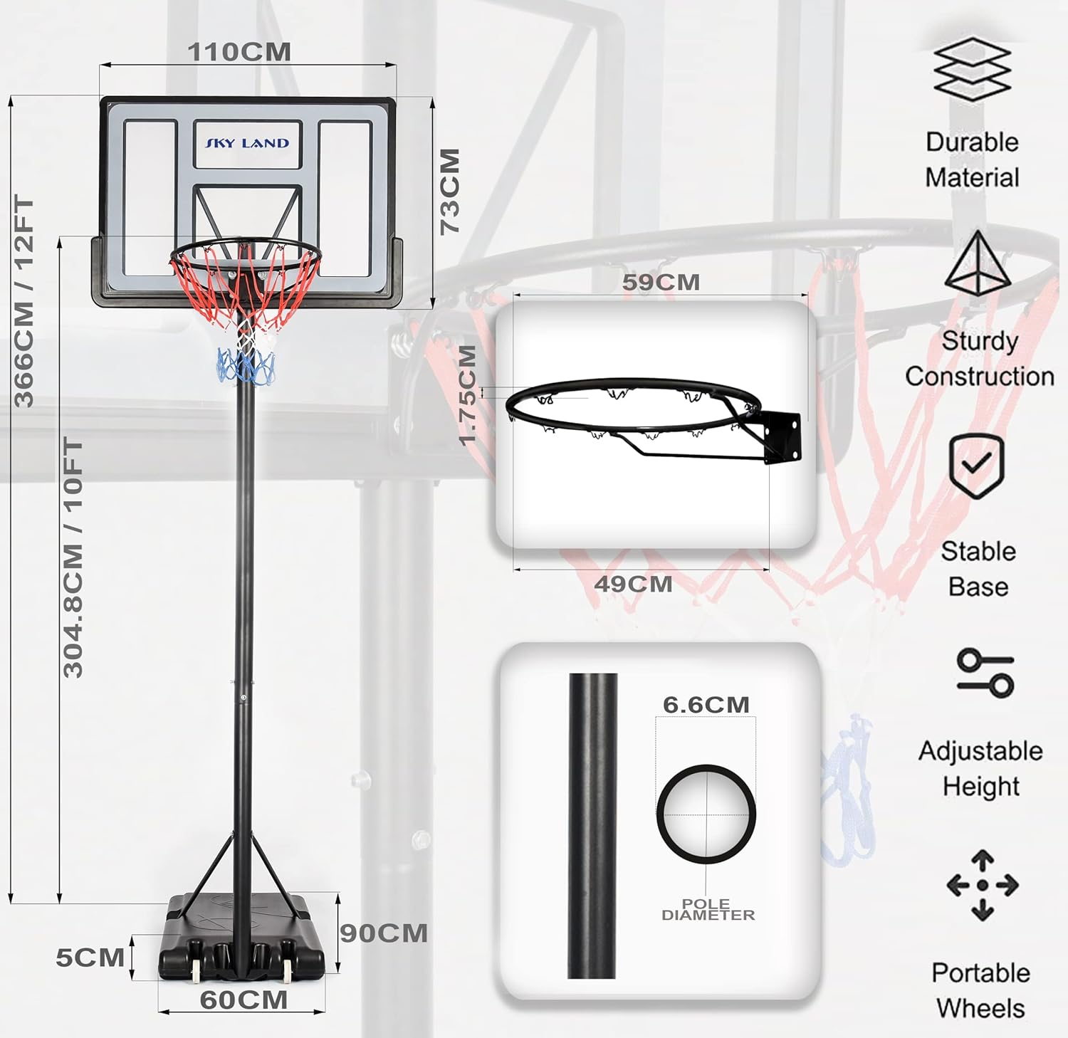 SKY LAND Sports Basketball Hoop | Basketball Goal on Wheels Adjustable Height 5-10 FT, 44" Backboard For Adults & Kids, Outdoor Basketball Stand, EM-1873 - Image 3