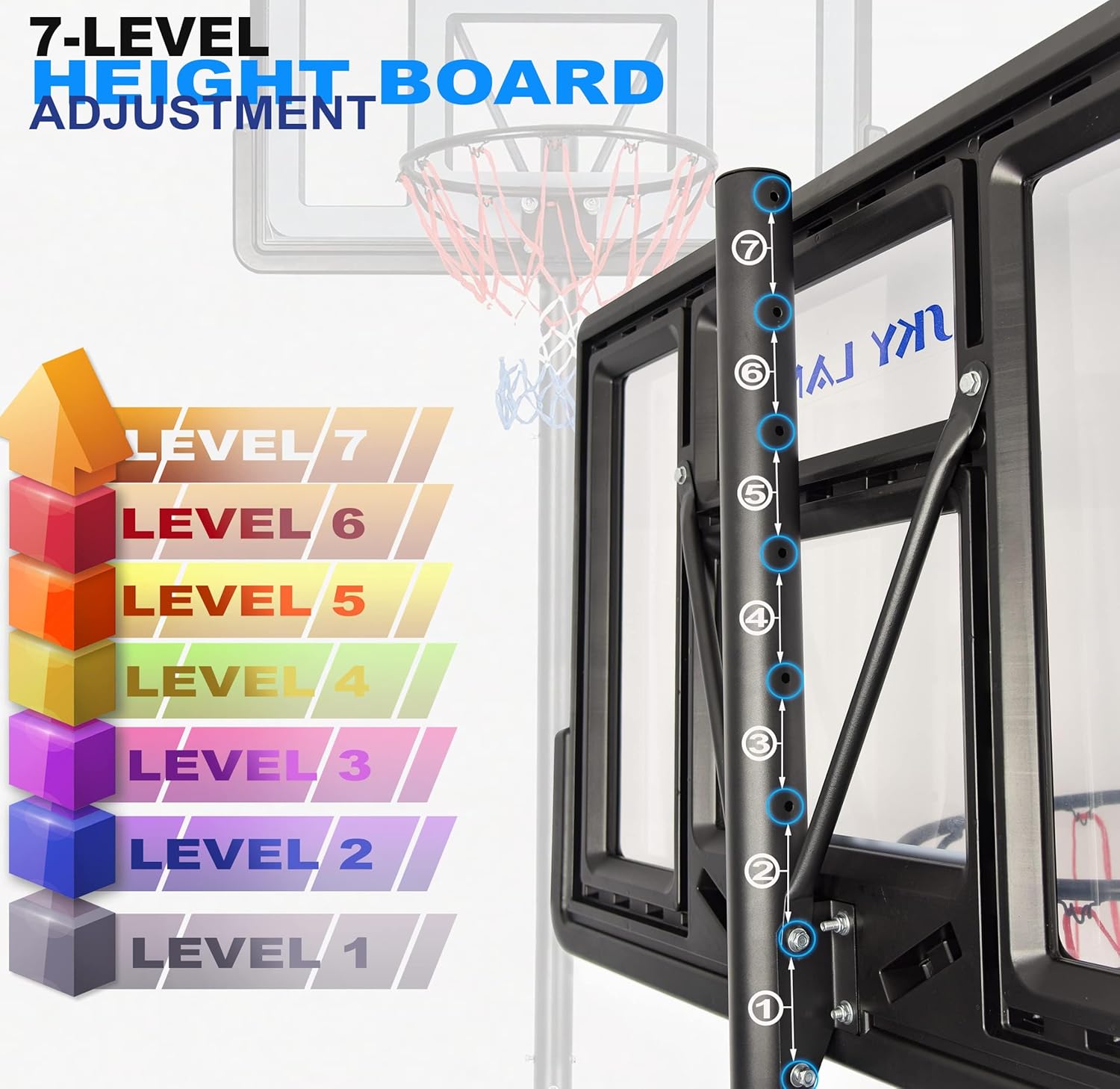 SKY LAND Sports Basketball Hoop | Basketball Goal on Wheels Adjustable Height 5-10 FT, 44" Backboard For Adults & Kids, Outdoor Basketball Stand, EM-1873 - Image 4