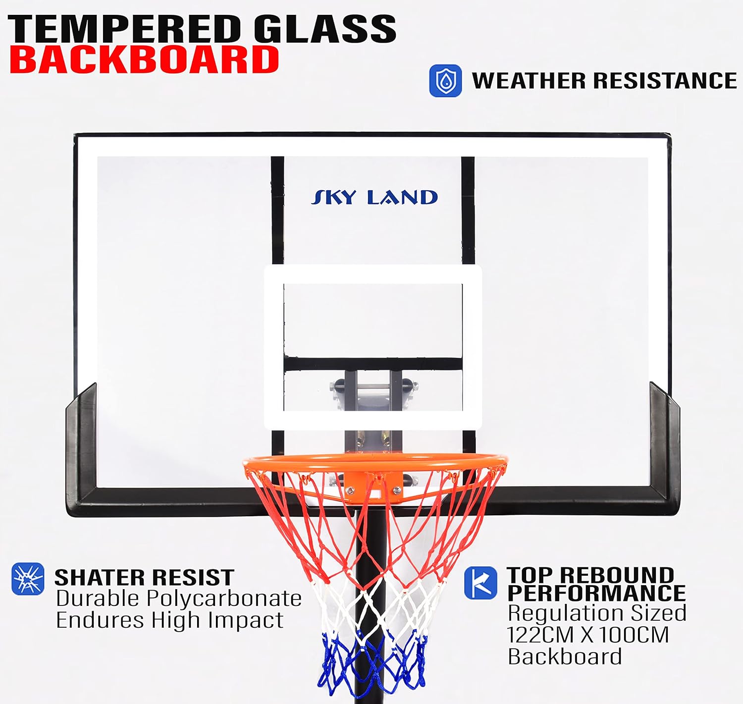 SKY LAND Basketball Hoop, Basketball Goal on Wheels Pro Size, Adjustable Height 8-10 FT, 50" Shatterproof Acrylic Backboard For Adults & Teens, Outdoor/Indoor Basketball Hoop Stand EM-1874 - Image 4