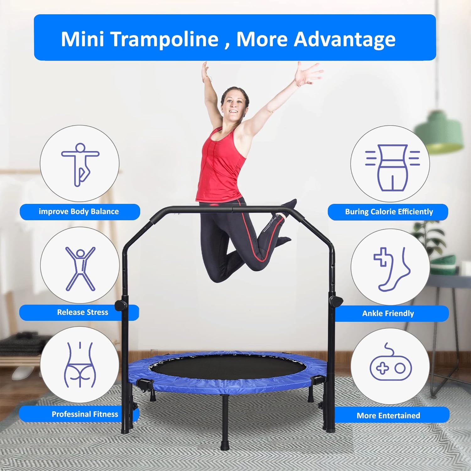 SKY LAND Fitness 40" Trampoline For Adults & Kids | Fitness Rebounder With Adjustable Foam Handle & Safety Pad/ Bungee Cords, Stable & Quiet Exercise Rebounder For Indoor & Outdoor, EM-8102 - Image 5