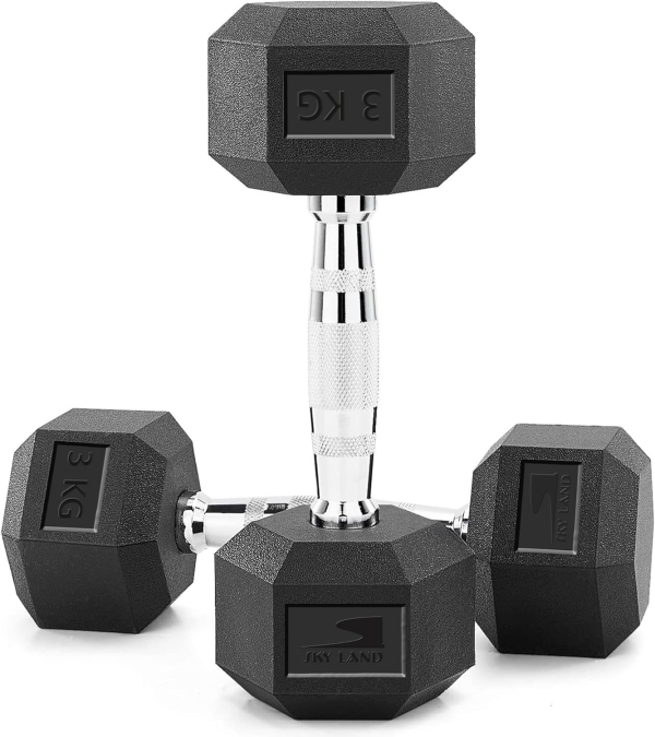 SKY LAND Hex Dumbbells 3kg Pair - Rubber Coated Cast Iron Weights