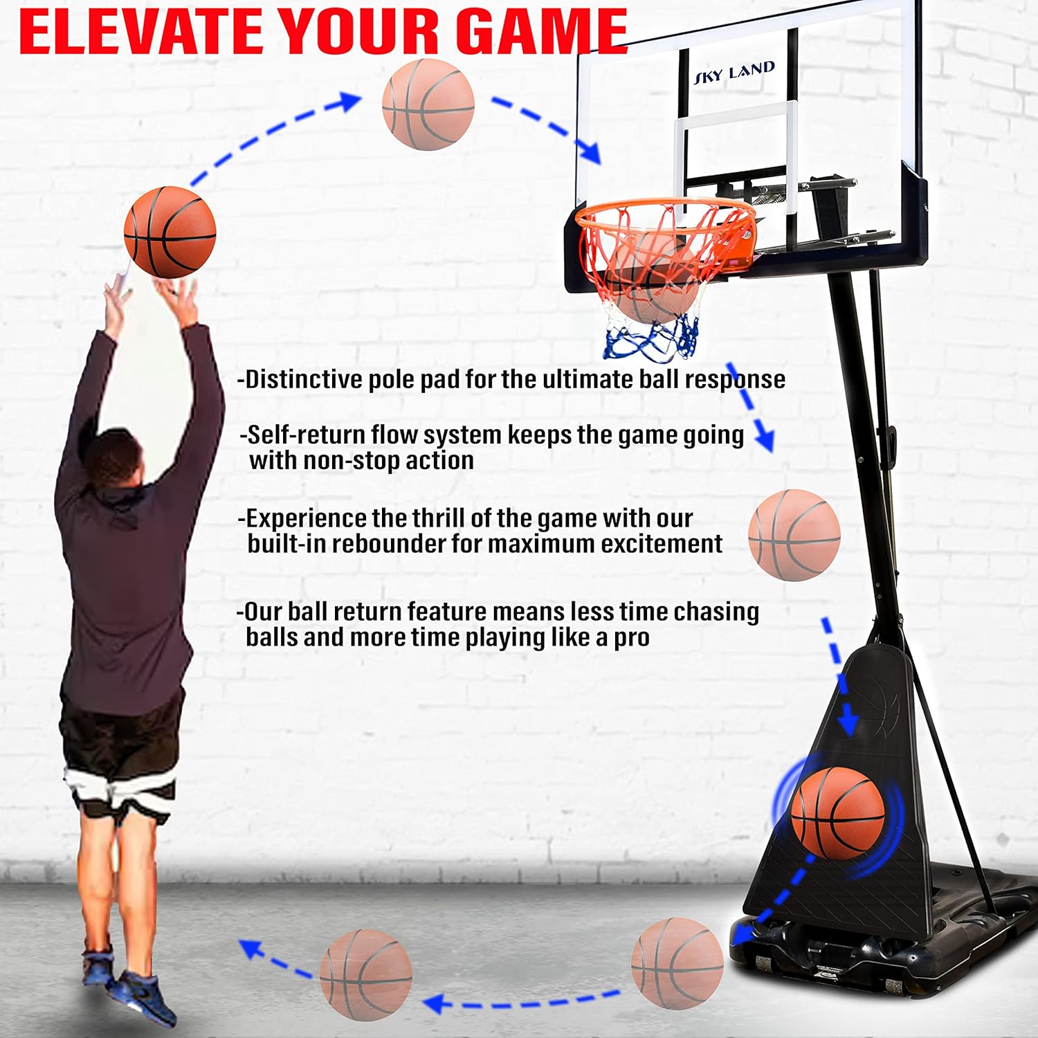 SKY LAND Basketball Hoop, Basketball Goal on Wheels Pro Size, Adjustable Height 8-10 FT, 50" Shatterproof Acrylic Backboard For Adults & Teens, Outdoor/Indoor Basketball Hoop Stand EM-1874 - Image 7