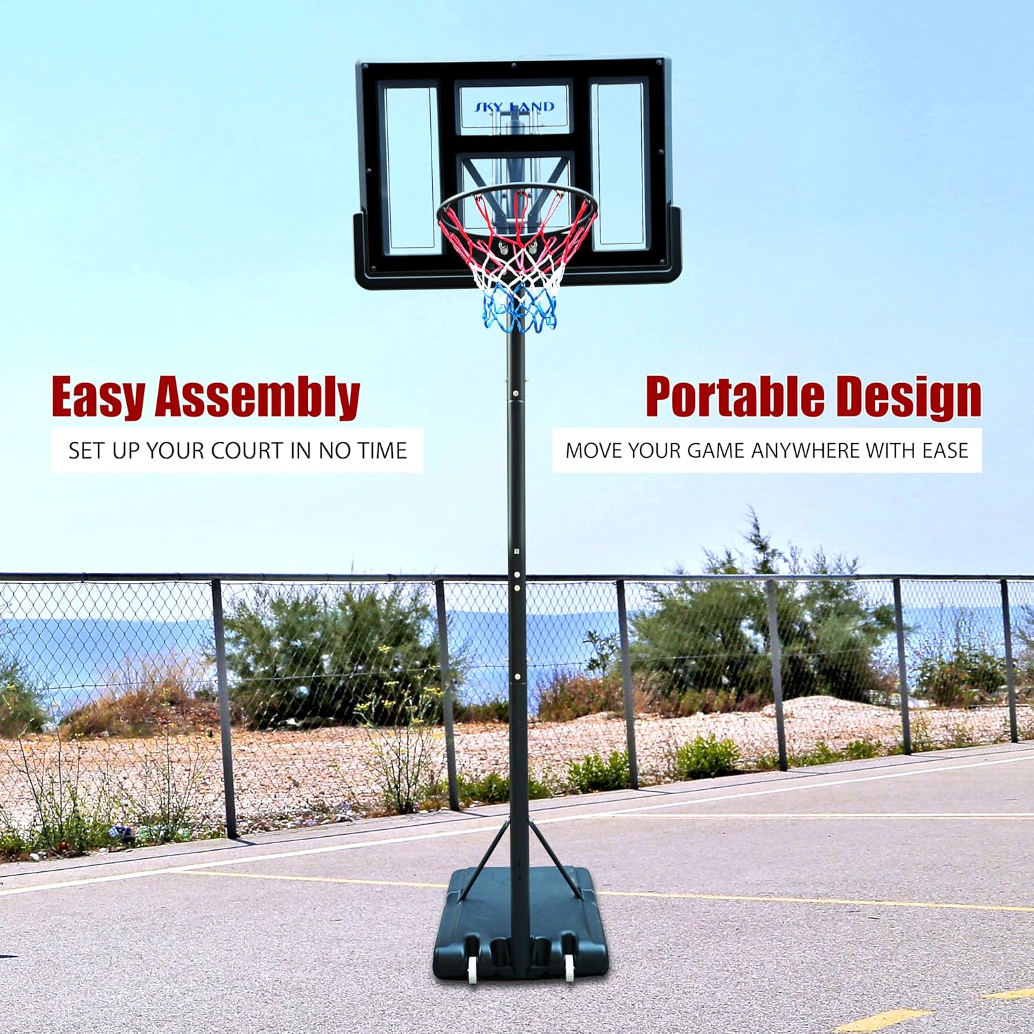 SKY LAND Basketball Hoop Stand - Adjustable Basketball Goal System 08-10 FT, 44" Shatterproof Backboard, Indoor/Outdoor Portable Basketball Stand with Wheels for Adults & Teens | EM-1878 - Image 9