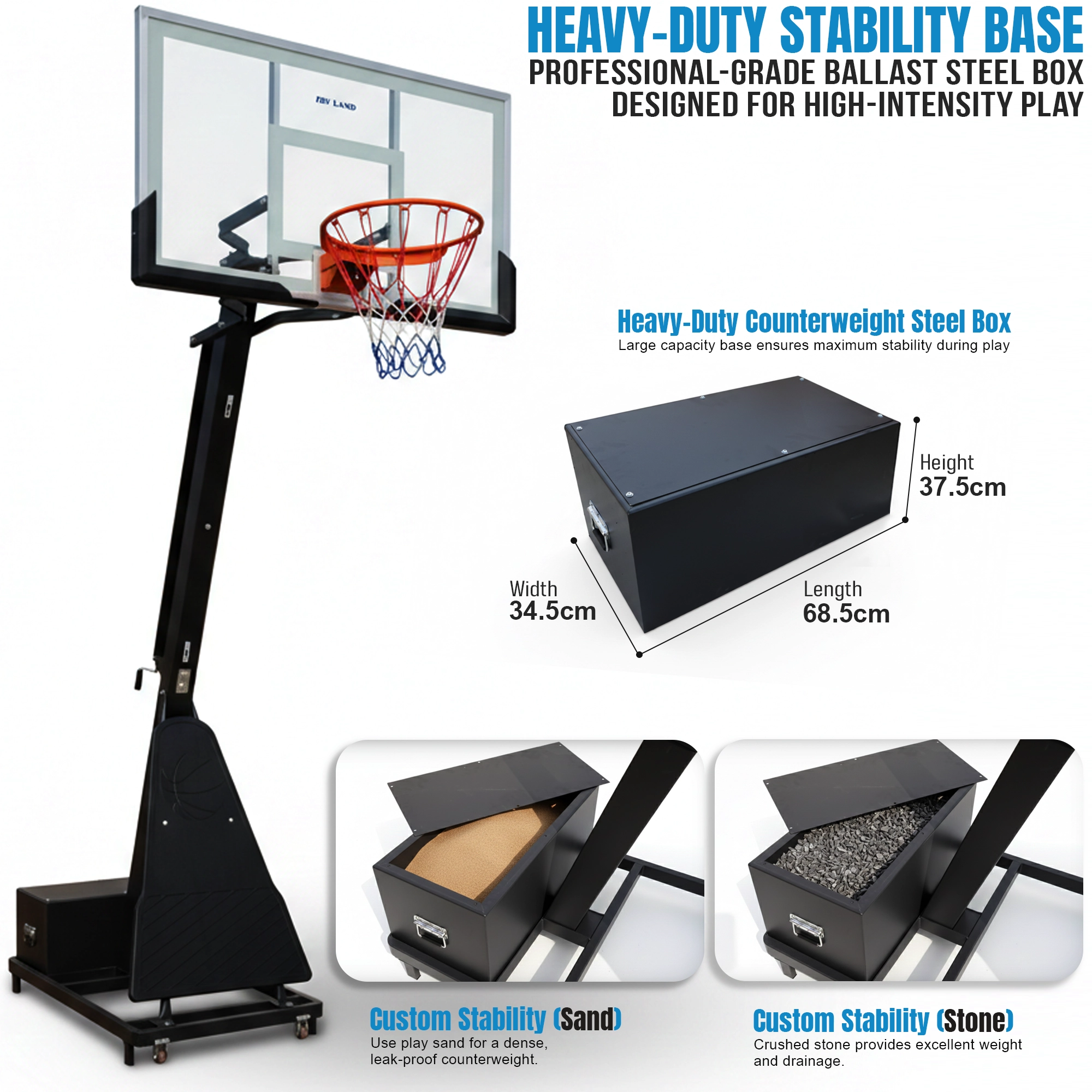 SKY LAND EM-1888 Basketball Hoop with Heavy-Duty Counterweight Steel Base, Professional Outdoor Basketball System for Maximum Stability