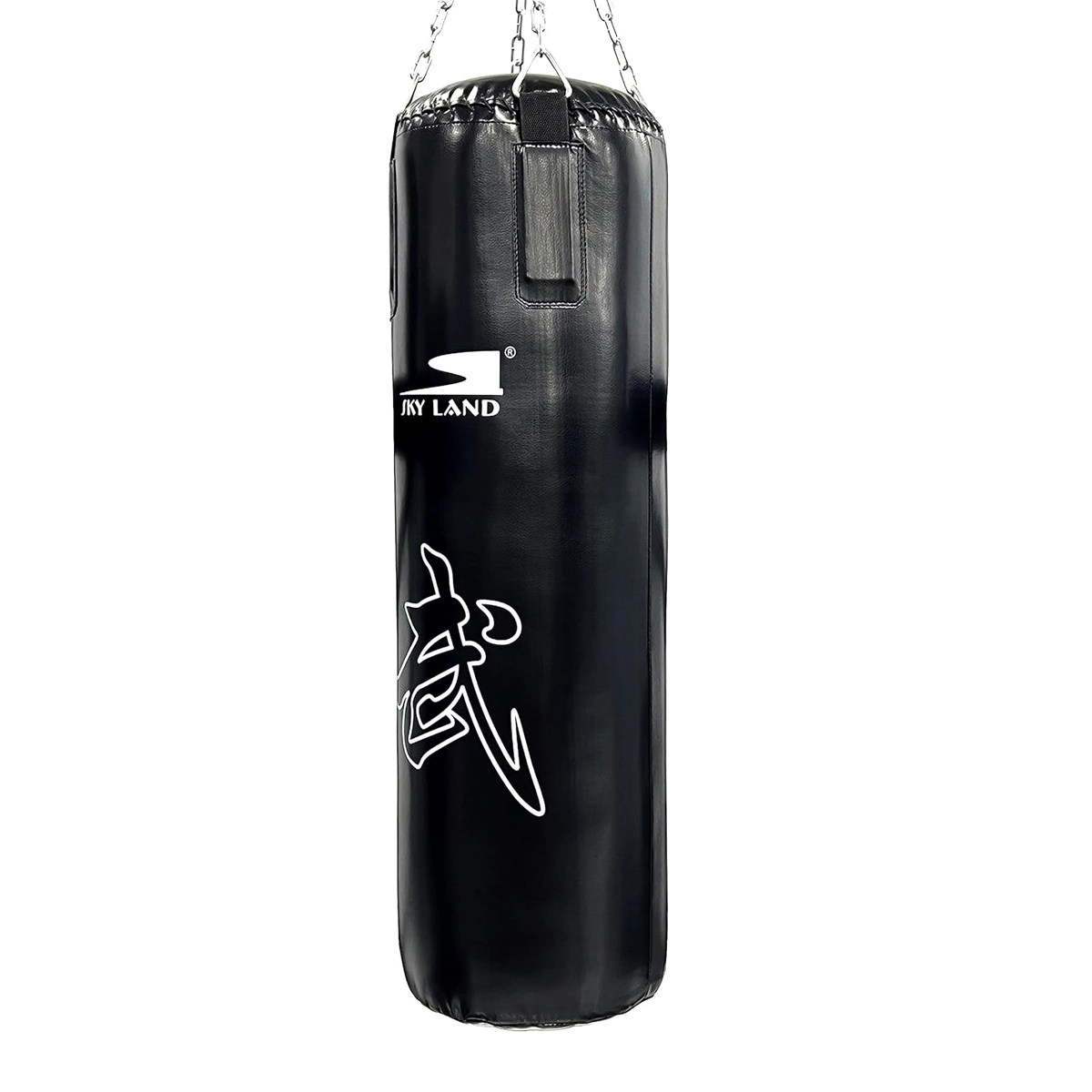 SKY LAND EM-1876-100 heavy punching bag in black synthetic leather with reinforced hanging straps and steel chains, designed for boxing, kickboxing, MMA, martial arts, cardio fitness, and strength training
