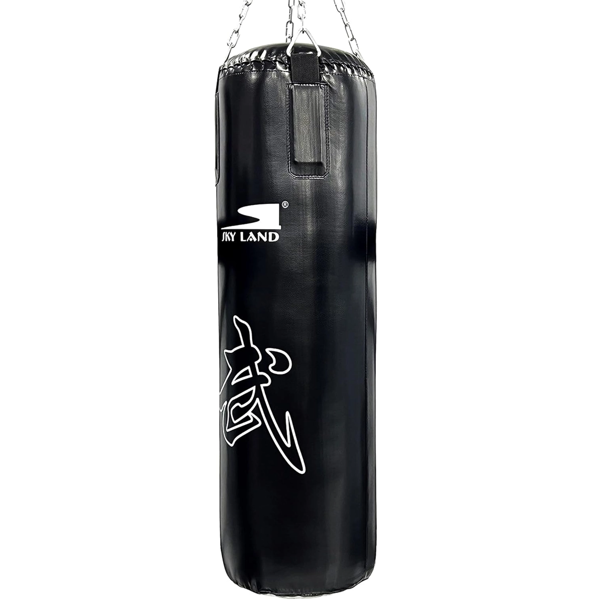 SKY LAND EM-1876-120 heavy punching bag in black synthetic leather with reinforced hanging straps and steel chains, designed for boxing, kickboxing, MMA, martial arts, cardio fitness, and strength training