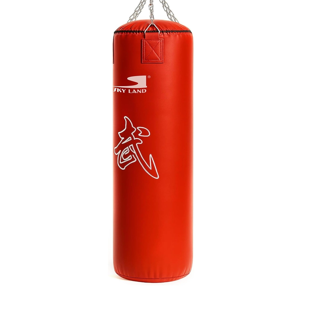 SKY LAND EM-1876-80 hanging punching bag with durable red synthetic leather exterior, reinforced stitching, heavy-duty hanging chains, and cylindrical design for boxing, kickboxing, MMA, and fitness training