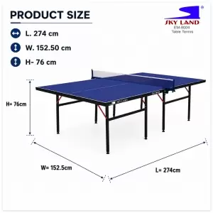 SKY LAND EM-8004 table tennis table dimensions showing official size of 274 x 152.5 x 76 cm with net assembly and sturdy steel frame for indoor recreational and competitive play.