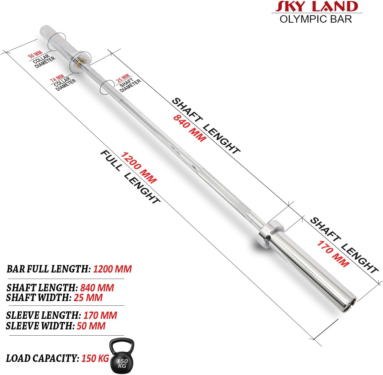 SKY LAND Powerlifting Bar 1.2M Solid Steel Olympic Barbell with Chrome Finish & Rotating Sleeves | Heavy Duty Gym Workout Bar for Strength Training, Weightlifting & Home Fitness EM-9265-Rod-1.2 - Image 7