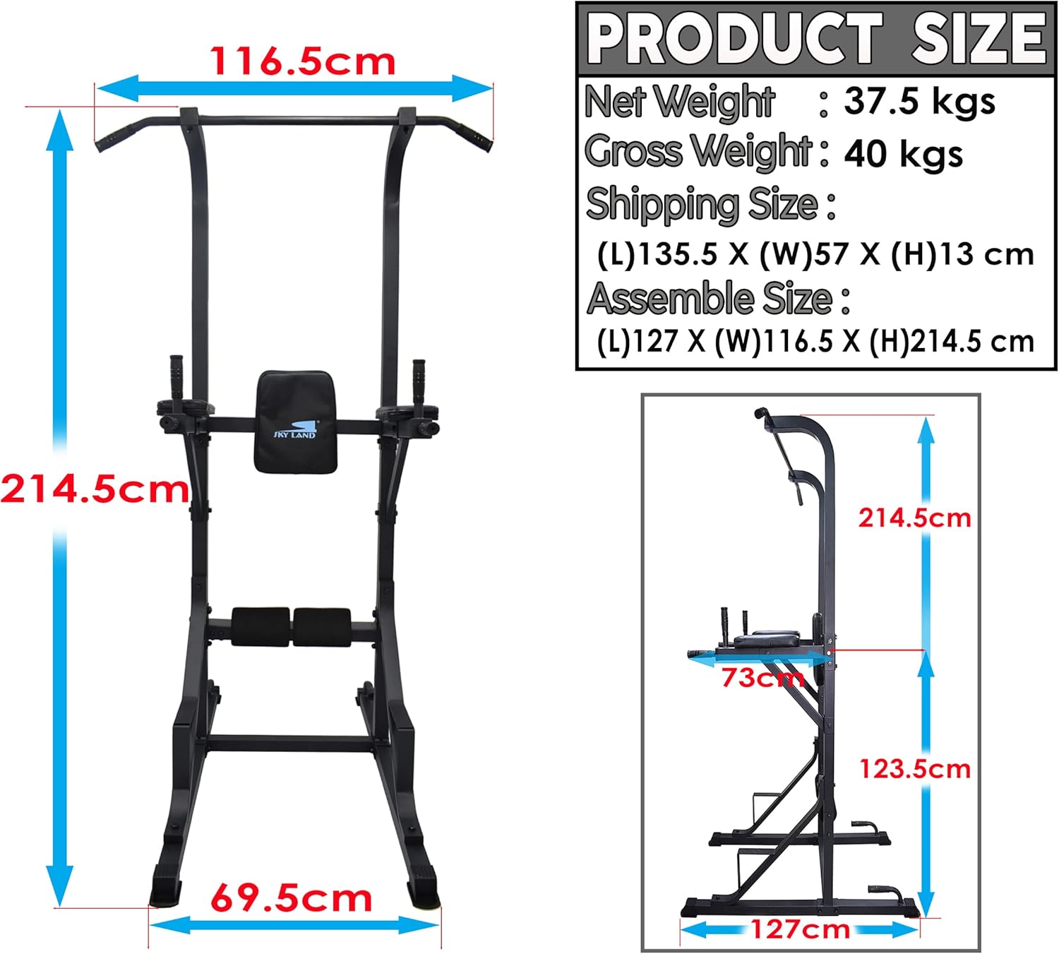 SKY LAND Pull Up Station EM-1852, Multi-Function Dip Stand & Home Workout Tower for Full-Body Training – Heavy-Duty Pull Up Stand with Push-Up & Knee Raise Support – Unisex Adult, Black - Image 5