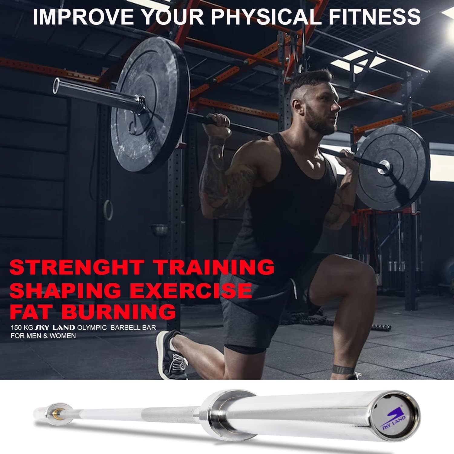 SKY LAND Powerlifting Bar 1.2M Solid Steel Olympic Barbell with Chrome Finish & Rotating Sleeves | Heavy Duty Gym Workout Bar for Strength Training, Weightlifting & Home Fitness EM-9265-Rod-1.2 - Image 9