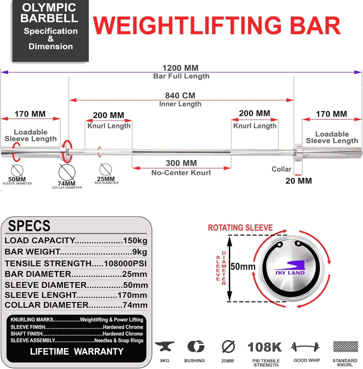 SKY LAND Powerlifting Bar 1.2M Solid Steel Olympic Barbell with Chrome Finish & Rotating Sleeves | Heavy Duty Gym Workout Bar for Strength Training, Weightlifting & Home Fitness EM-9265-Rod-1.2 - Image 6