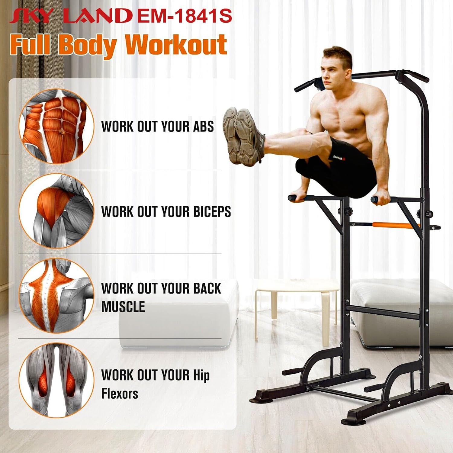 SKY LAND Power Tower, Multi-Function Home Gym Workout Station for Pull-Ups, Dips, Push-Ups & Leg Raises, Height Adjustable 163–213cm, Heavy-Duty Steel Frame, 100 KG Capacity EM-1841-S - Image 2