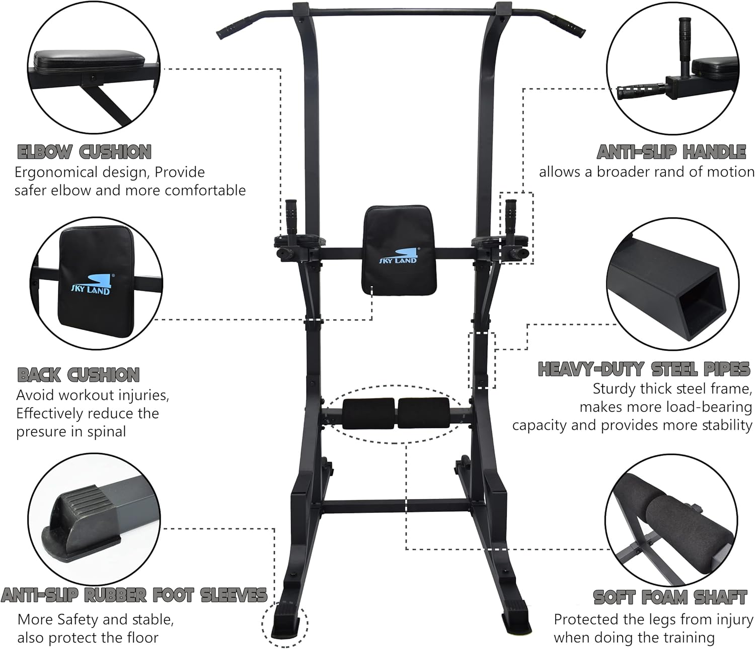 SKY LAND Pull Up Station EM-1852, Multi-Function Dip Stand & Home Workout Tower for Full-Body Training – Heavy-Duty Pull Up Stand with Push-Up & Knee Raise Support – Unisex Adult, Black - Image 3