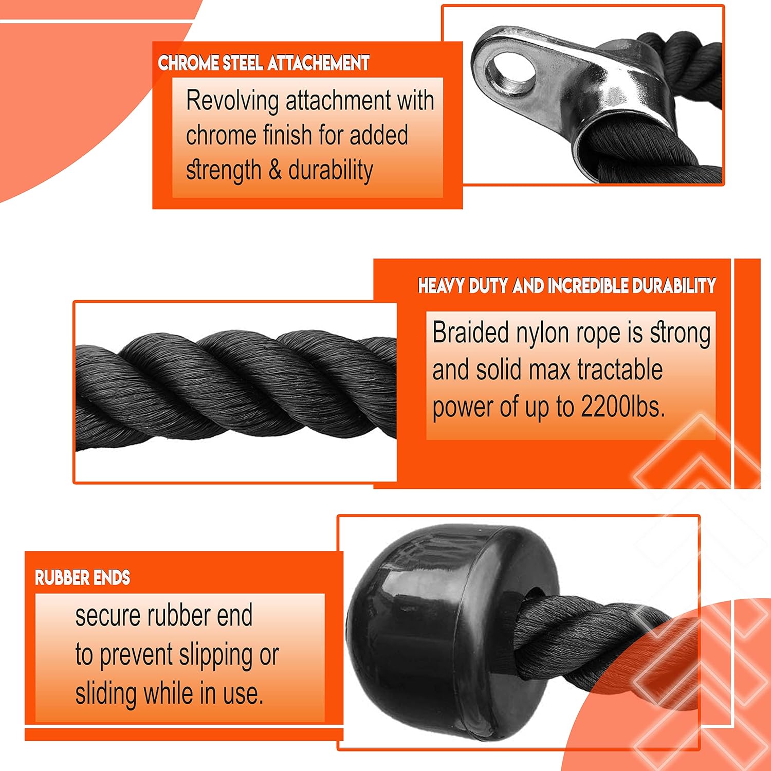 SKY LAND Heavy Duty Tricep Rope Pull Down Attachment - 69cm Braided Nylon Cable Machine Accessory with Solid Rubber Ends, Stainless Steel Rotating Locker & ABS Handle for Biceps, Triceps, Shoulders & Home Gym Workouts - Black (EM-9339) - Image 3