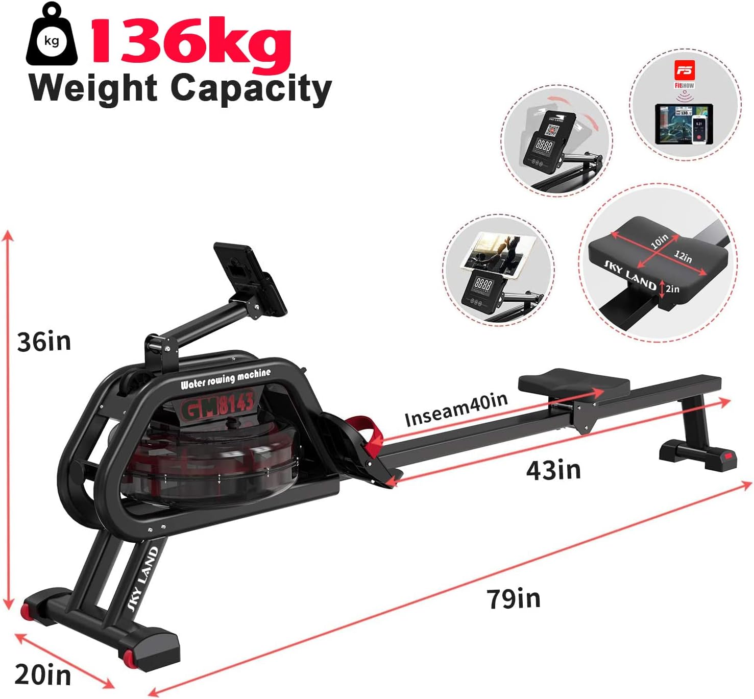 Water Rowing Machine for Home Use ?C Indoor Cardio Rower with 6-Level Water Resistance, Bluetooth App, LCD Monitor, Foldable Storage & 130KG Capacity Fitness Equipment GM-8143 - Image 5