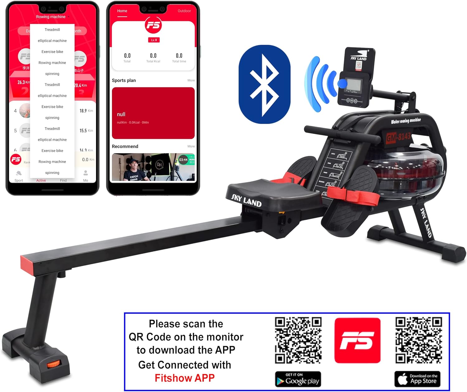 Water Rowing Machine for Home Use ?C Indoor Cardio Rower with 6-Level Water Resistance, Bluetooth App, LCD Monitor, Foldable Storage & 130KG Capacity Fitness Equipment GM-8143 - Image 7