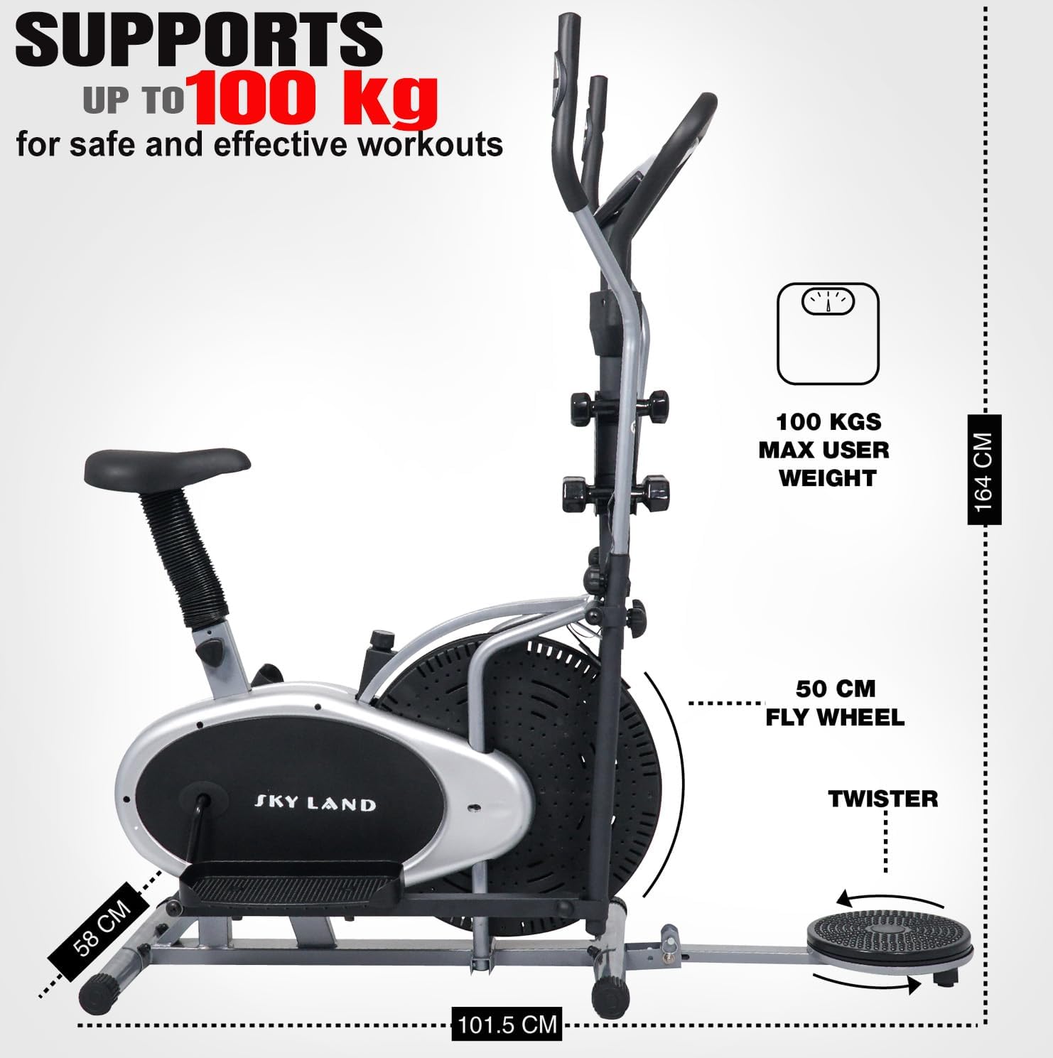4-in-1 Orbitrac Elliptical Trainer & Exercise Bike ?C Stationary Fitness Cycle with Twister & Dumbbells | Adjustable Resistance, LCD Monitor, Full-Body Cardio Workout ?C EM-1132 Silver/Black - Image 3