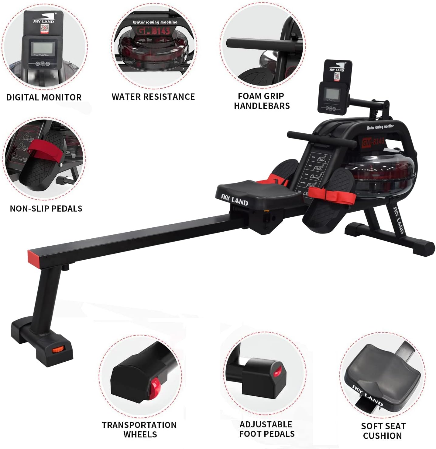 Water Rowing Machine for Home Use ?C Indoor Cardio Rower with 6-Level Water Resistance, Bluetooth App, LCD Monitor, Foldable Storage & 130KG Capacity Fitness Equipment GM-8143 - Image 3