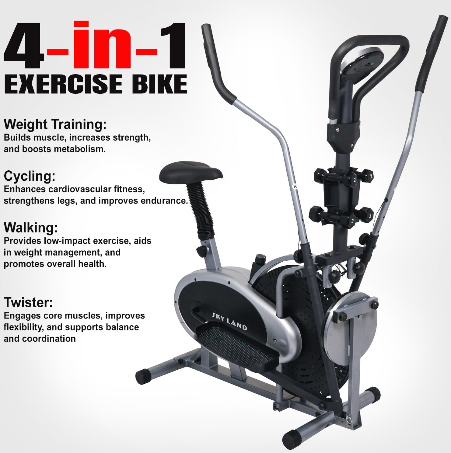4-in-1 Orbitrac Elliptical Trainer & Exercise Bike ?C Stationary Fitness Cycle with Twister & Dumbbells | Adjustable Resistance, LCD Monitor, Full-Body Cardio Workout ?C EM-1132 Silver/Black - Image 5