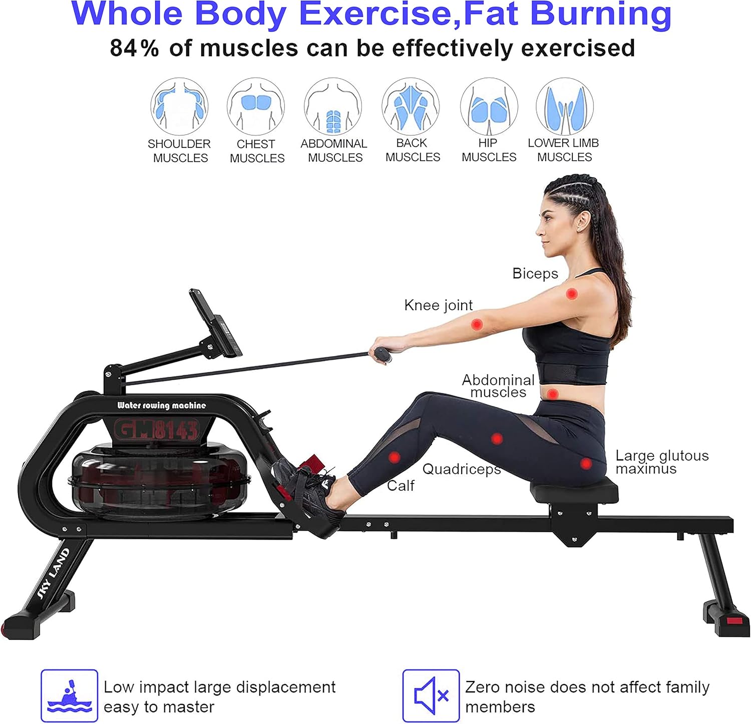 Water Rowing Machine for Home Use ?C Indoor Cardio Rower with 6-Level Water Resistance, Bluetooth App, LCD Monitor, Foldable Storage & 130KG Capacity Fitness Equipment GM-8143 - Image 2