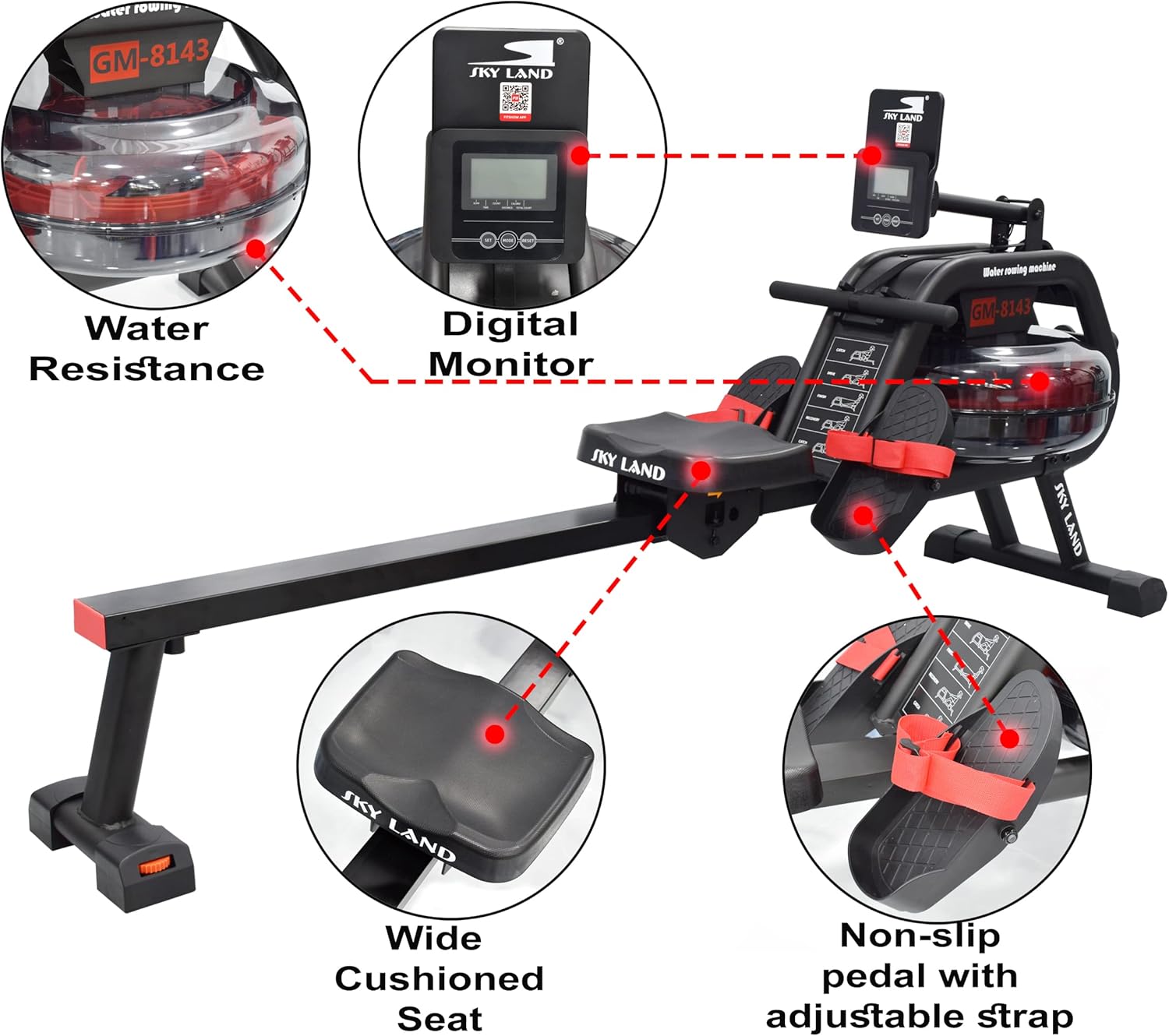 Water Rowing Machine for Home Use ?C Indoor Cardio Rower with 6-Level Water Resistance, Bluetooth App, LCD Monitor, Foldable Storage & 130KG Capacity Fitness Equipment GM-8143 - Image 6