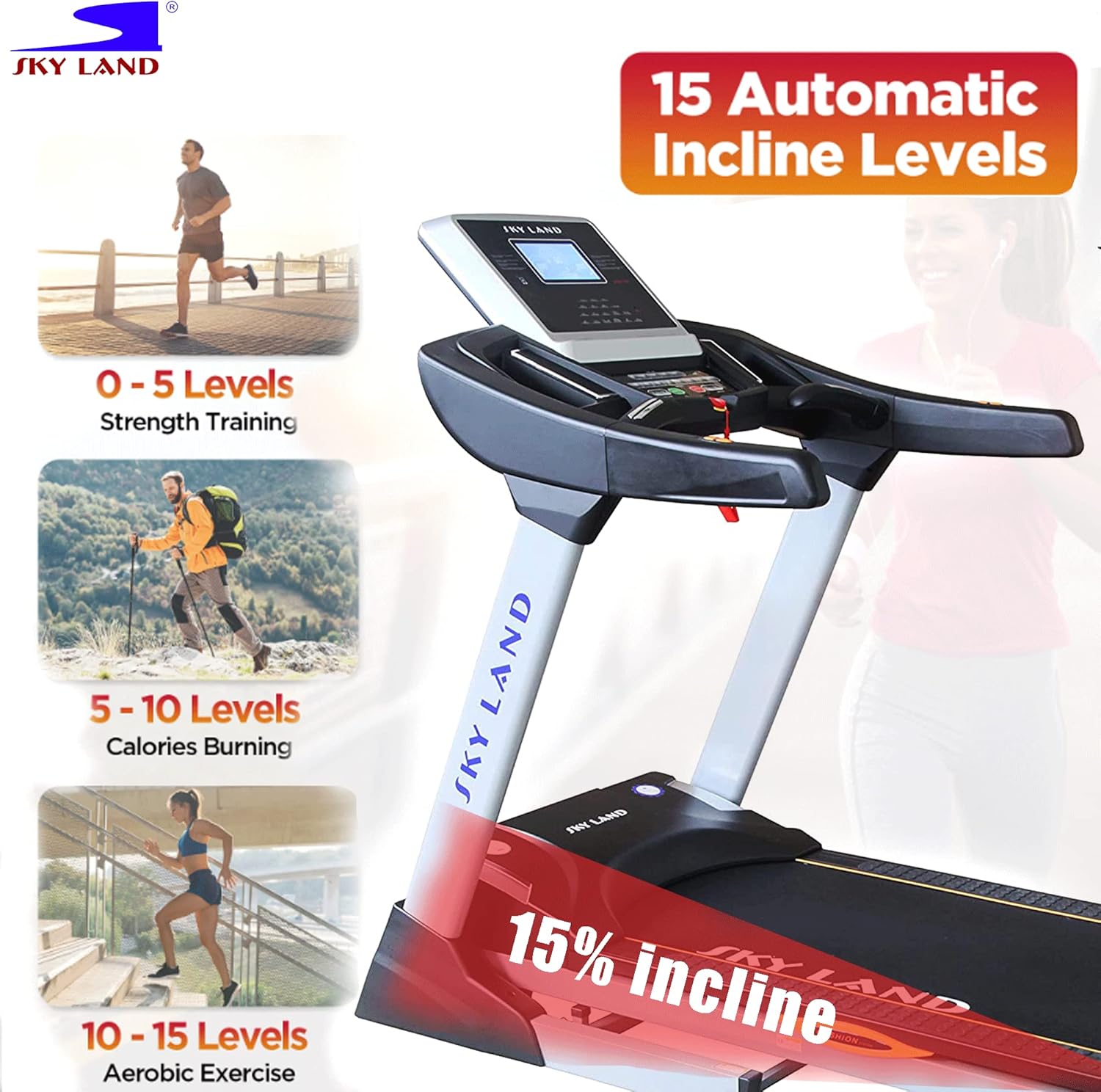 SKY LAND Fitness Treadmill With Powerful (9 HP PEAK DC MOTOR) Bluetooth , Auto Incline 15%,Cardio Fitness for Home, 3-YEAR MOTOR WARRANTY & LIFETIME FRAME WARRANTY EM-1264 - Image 3
