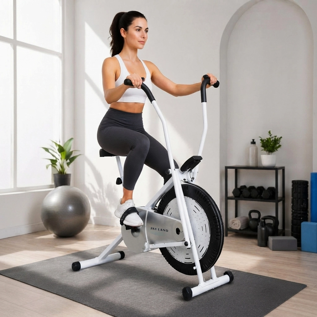 Woman exercising on the SKY LAND EM-1558 air resistance exercise bike in a bright modern home gym.