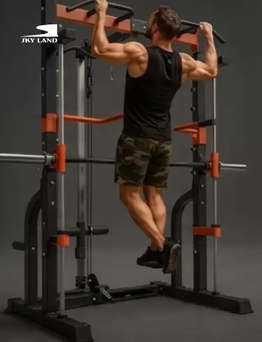 Athlete performing pull-ups on a SKY LAND power cage and Smith machine for upper body strength training.