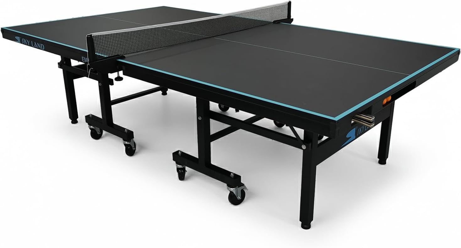 SKY LAND Tennis Table 9x5 FT Professional TT Table Foldable Ping Pong Table Premium Table Tennis Setup with Wheels Competition Board for Home Club School Training