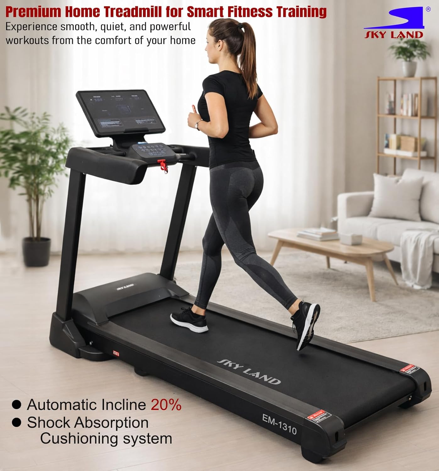 SKY LAND Treadmill with Auto Incline 20% 3.5HP Motor 6.0HP Peak Heavy Duty Home Treadmill 1–20 km/h LED Display Bluetooth App Foldable Running Machine 150kg Capacity EM-1310