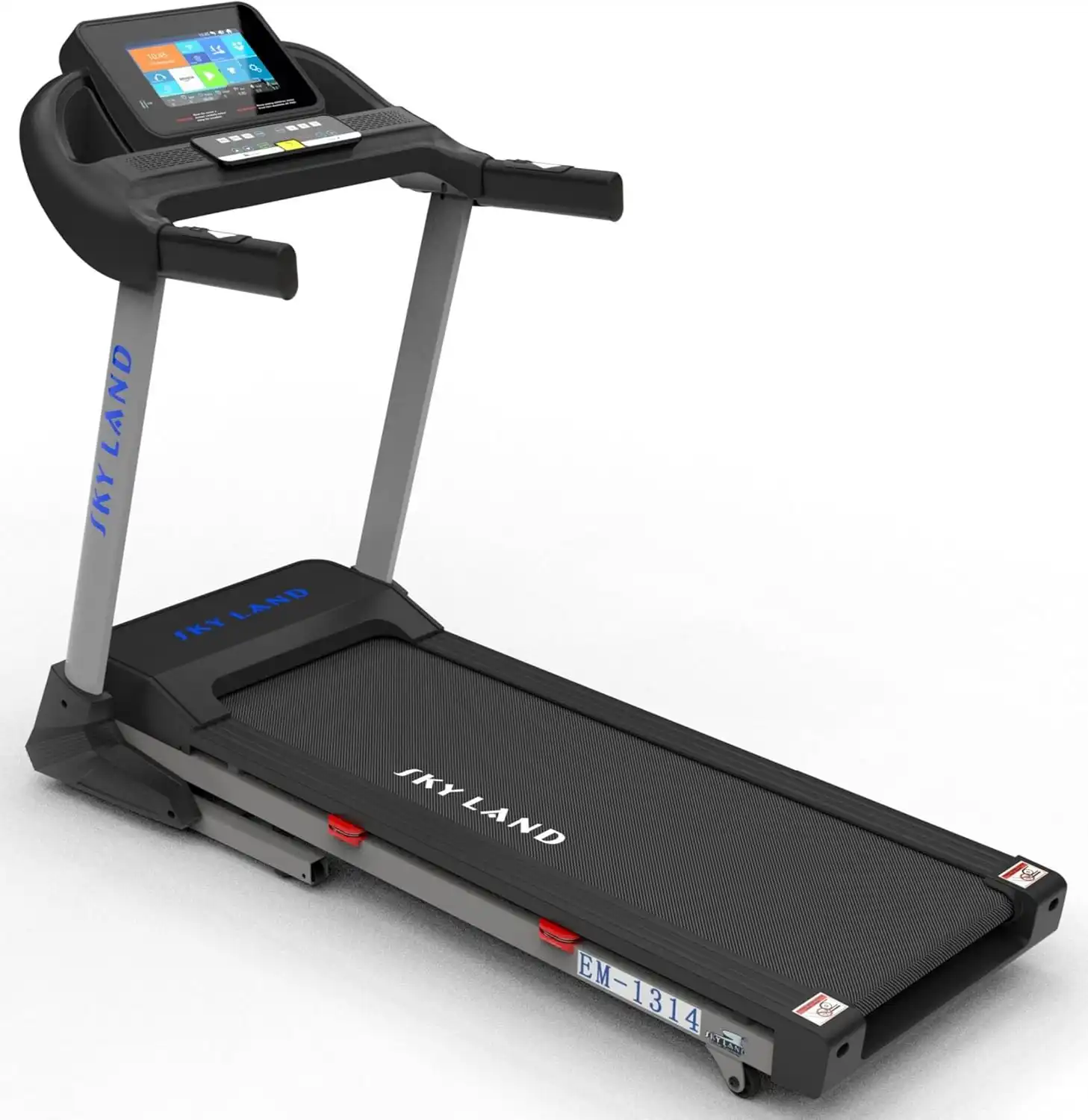 SKY LAND EM-1314 foldable treadmill with 10.1-inch TFT touchscreen, wide running belt, cushioned deck, and sturdy home fitness design.