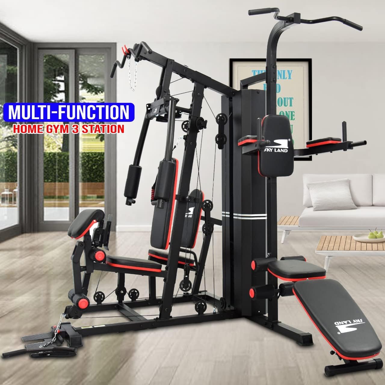 SKY LAND 3-station multi-function home gym system featuring chest press arms, lat pulldown tower, adjustable cable pulley system, dip station, pull-up bar, preacher curl attachment, leg developer, adjustable workout bench, and integrated weight stack for complete full-body strength training.