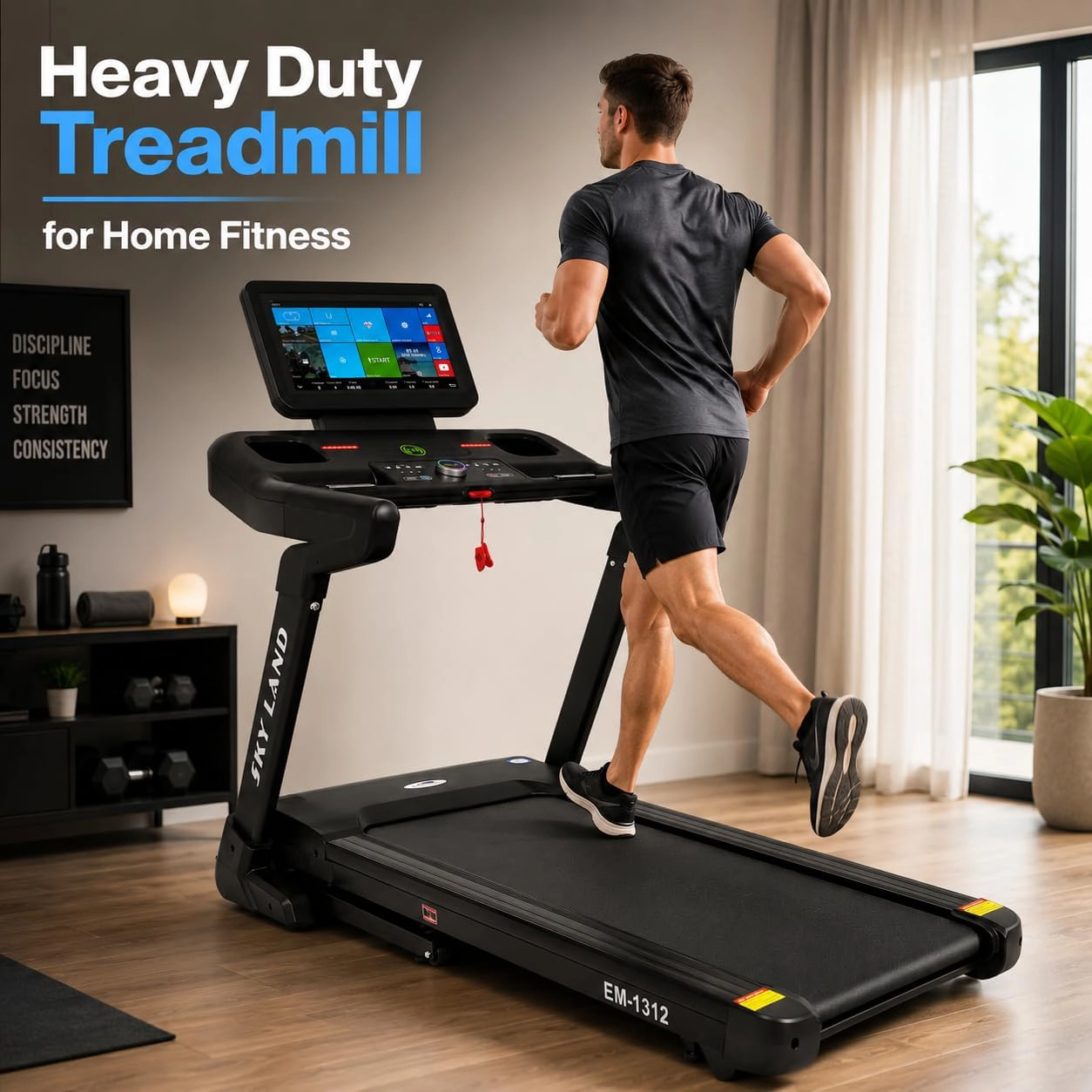 Man running on the SKY LAND EM-1312 home treadmill featuring a 15.6-inch TFT touchscreen in a modern home gym environment.