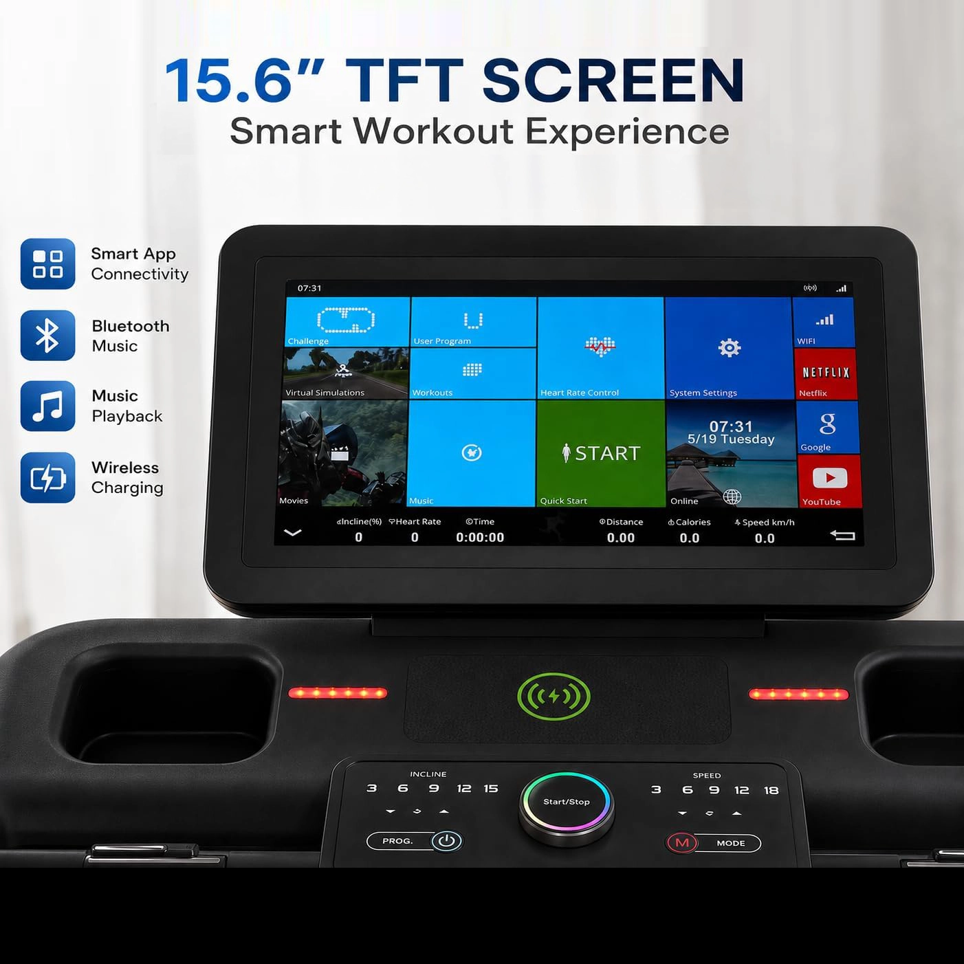 15.6-inch TFT touchscreen console on SKY LAND EM-1312 treadmill with smart app connectivity, Bluetooth music, wireless charging, and multimedia features.