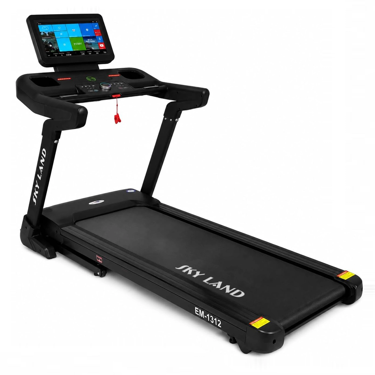 SKY LAND EM-1312 heavy-duty home treadmill with 15.6-inch TFT touchscreen, auto incline, spacious running deck, and modern console.