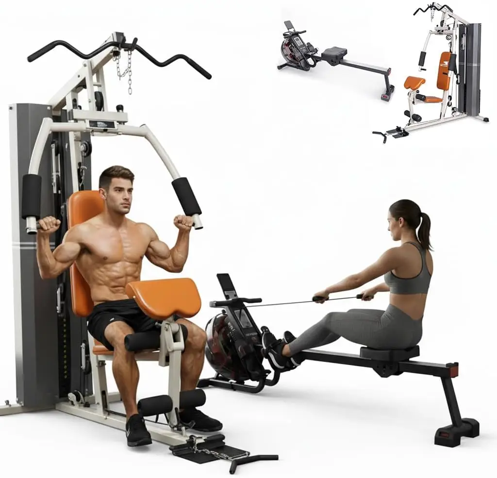 SKY LAND Home Gym Station and Water Rowing Machine Combo in Use, Featuring Strength Training Equipment and Water Resistance Cardio Rower for Full Body Home Fitness Workouts