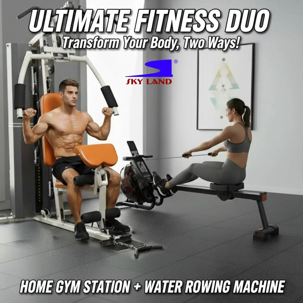 SKY LAND Home Gym Station and Water Rowing Machine Combo for Full Body Strength Training, Cardio Fitness, Muscle Building, Weight Loss, and Home Gym Workouts
