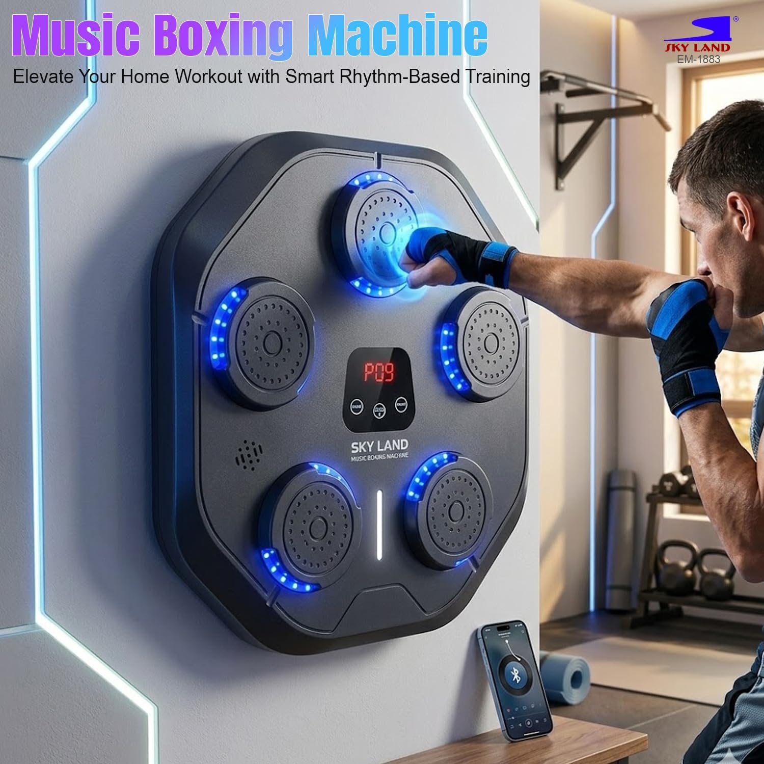 SKY LAND Smart Music Boxing Machine EM-1883 | LED Wall Mounted Punching Pad with Bluetooth, 9 Speed Levels & Rechargeable Reflex Trainer - Image 2