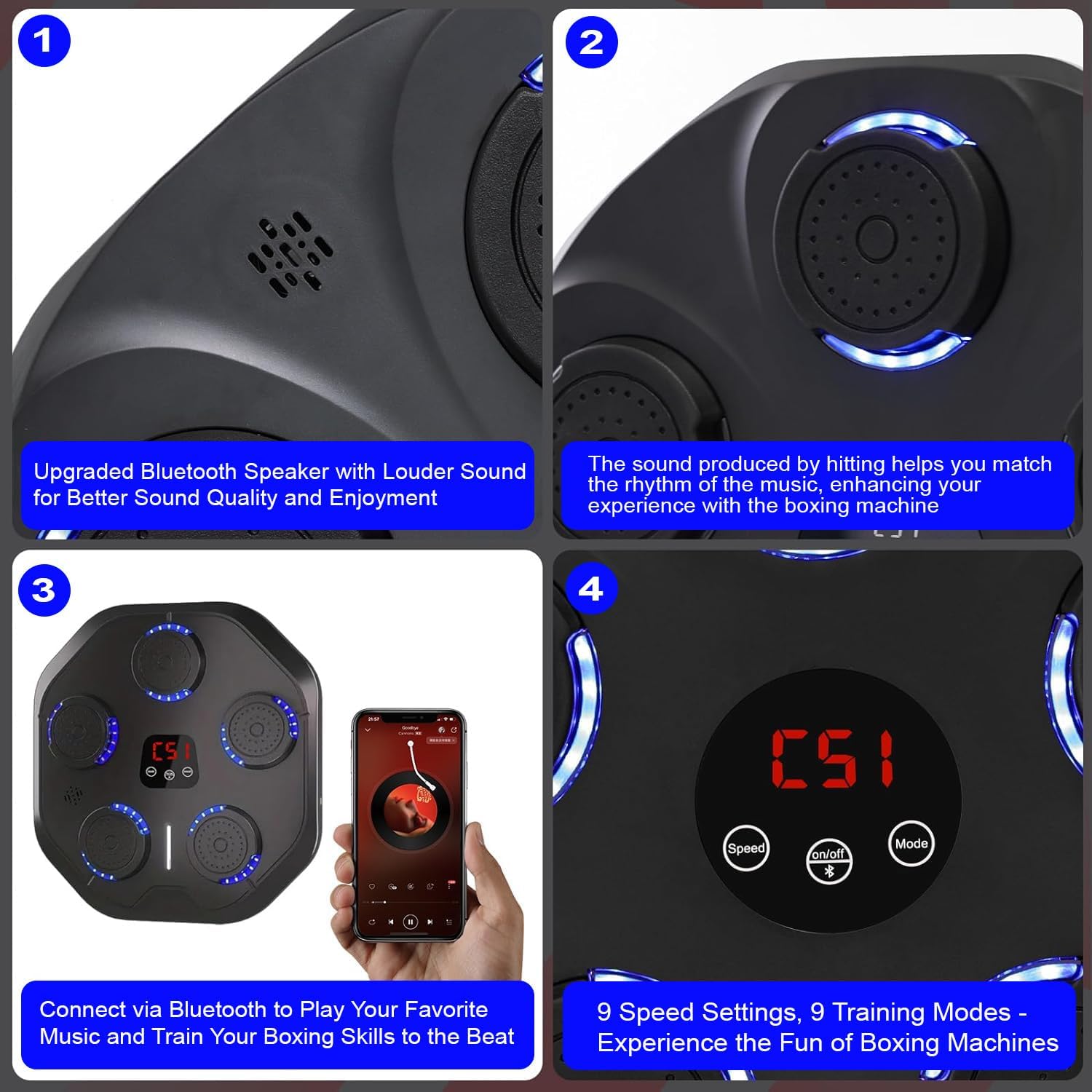 SKY LAND Smart Music Boxing Machine EM-1883 | LED Wall Mounted Punching Pad with Bluetooth, 9 Speed Levels & Rechargeable Reflex Trainer - Image 5
