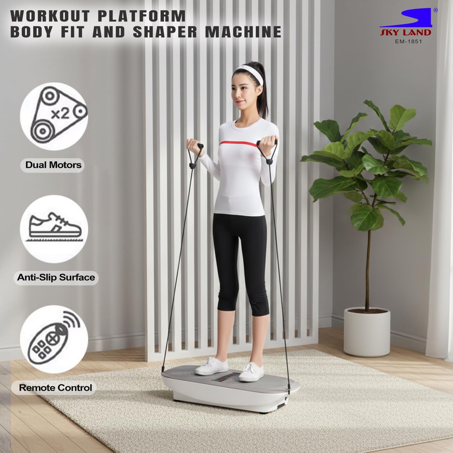 SKY LAND EM-1851 Vibration Plate Machine – 3D Body Shaper Workout Platform with LED Display, Remote Control & Resistance Bands for Home Fitness UAE - Image 2
