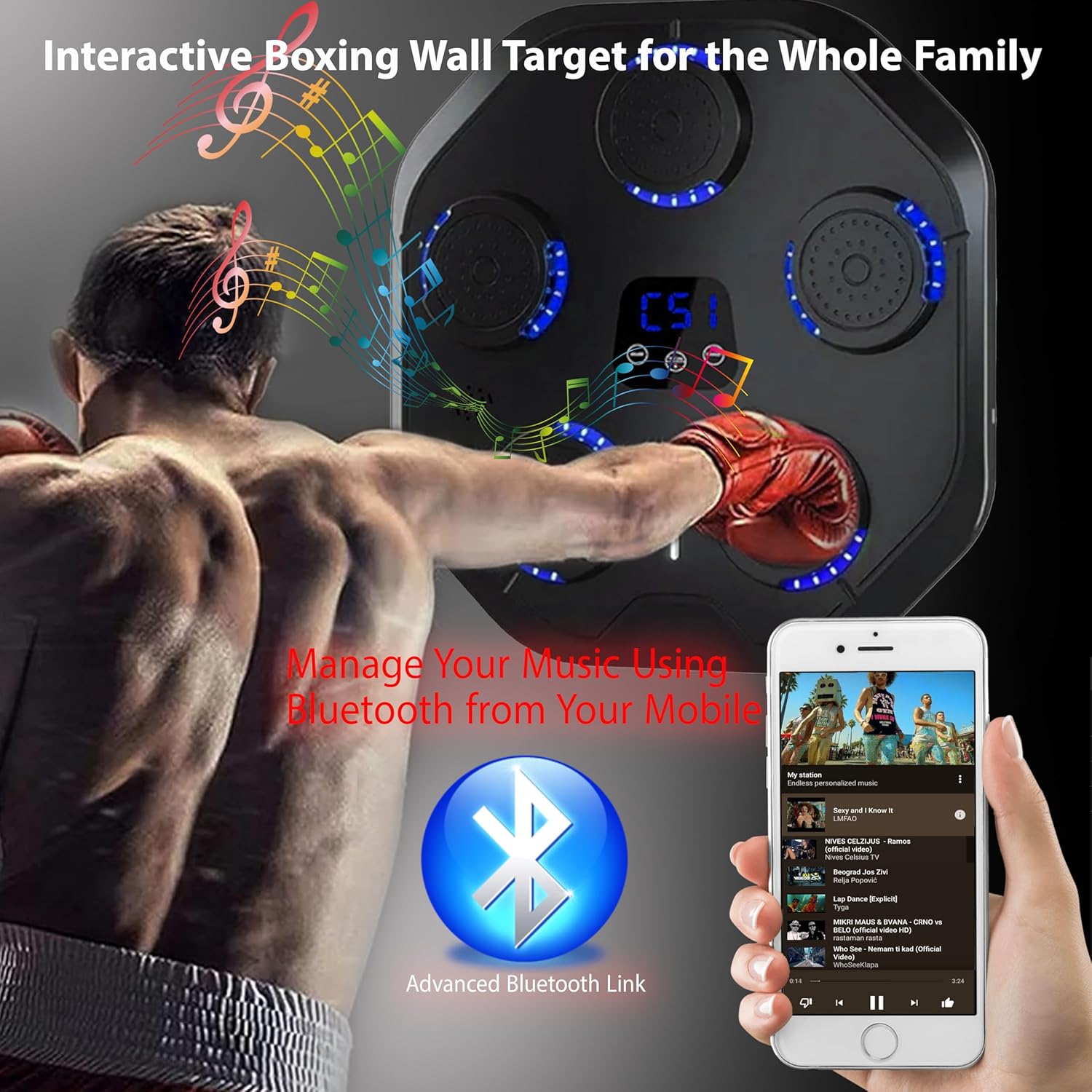 SKY LAND Smart Music Boxing Machine EM-1883 | LED Wall Mounted Punching Pad with Bluetooth, 9 Speed Levels & Rechargeable Reflex Trainer - Image 3