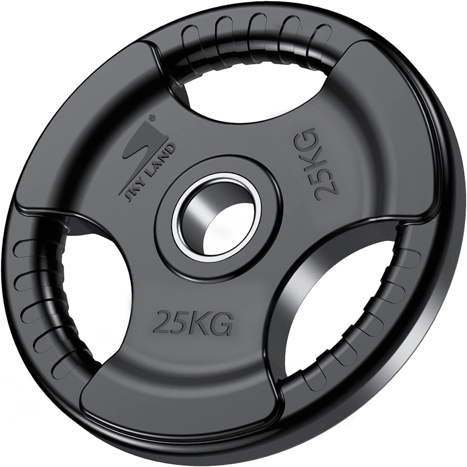 SKY LAND EM-9264-25 Olympic weight plate 25KG with tri-grip ergonomic handles, durable steel center ring, and black finish for barbell, strength training, powerlifting, and home gym workouts.
