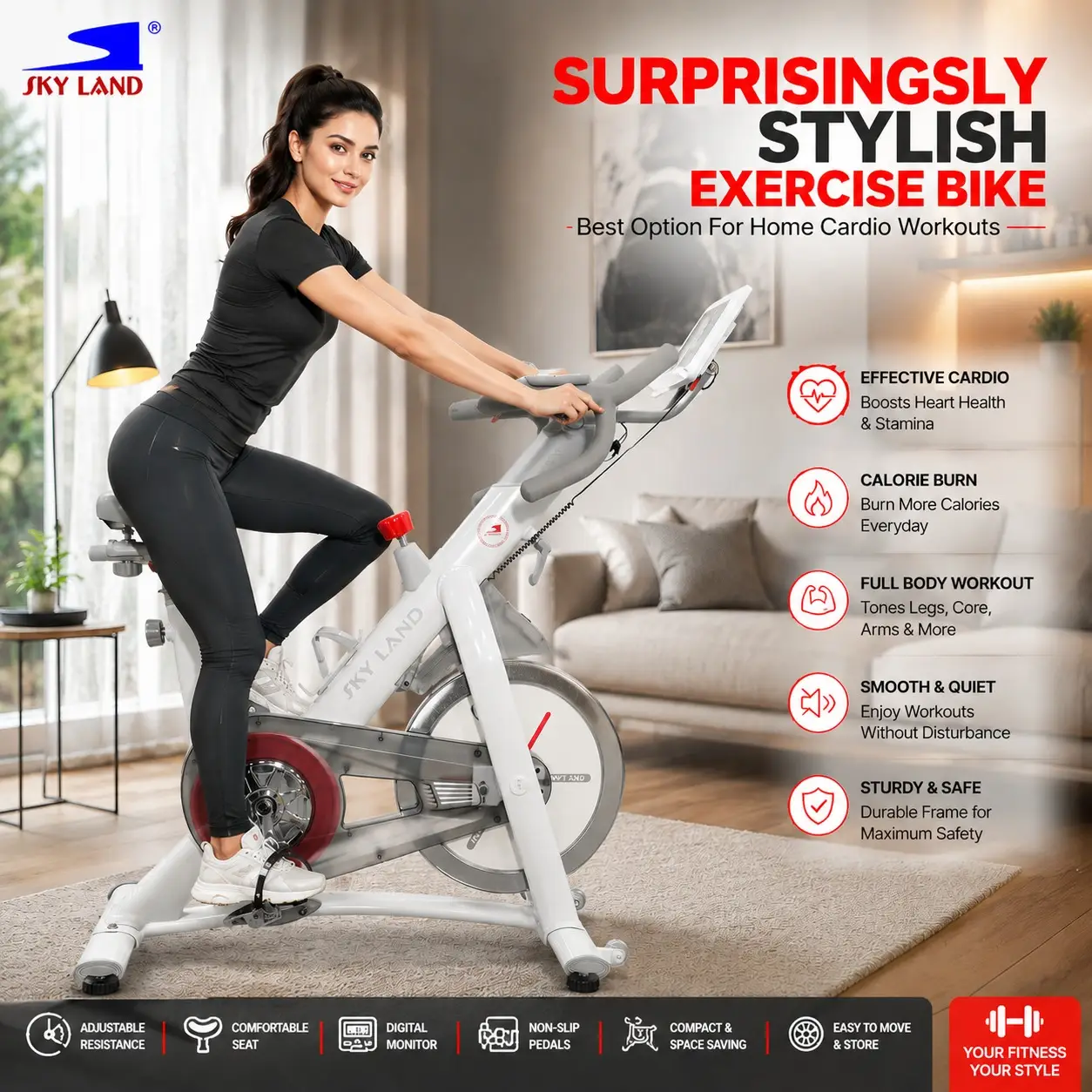 Woman exercising on the SKY LAND EM-1568-W indoor cycling bike in a modern home setting, highlighting smooth cardio training, magnetic resistance, digital monitor, and compact fitness design.