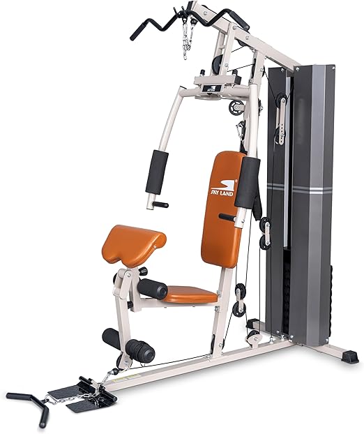SKY LAND GM-8149 single station home gym with integrated weight stack, chest press arms, lat pulldown bar, preacher curl pad, and leg developer for full-body strength training.